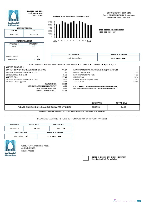 Download Saudi Arabia AlKawther business utility bill, Word and PDF template Photoshop template